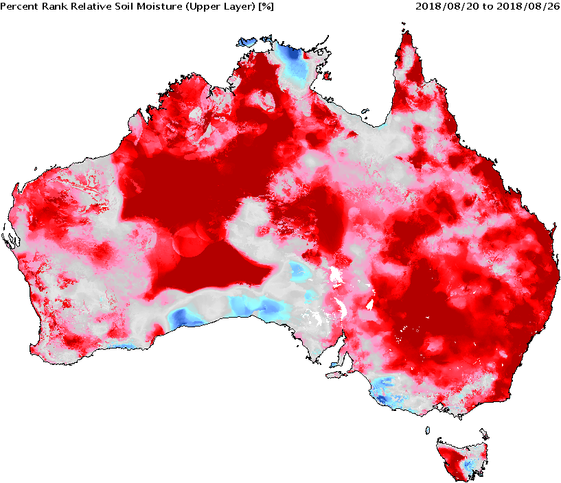 Upper layer relative soil moisture (percentile rank) for the most recently available week