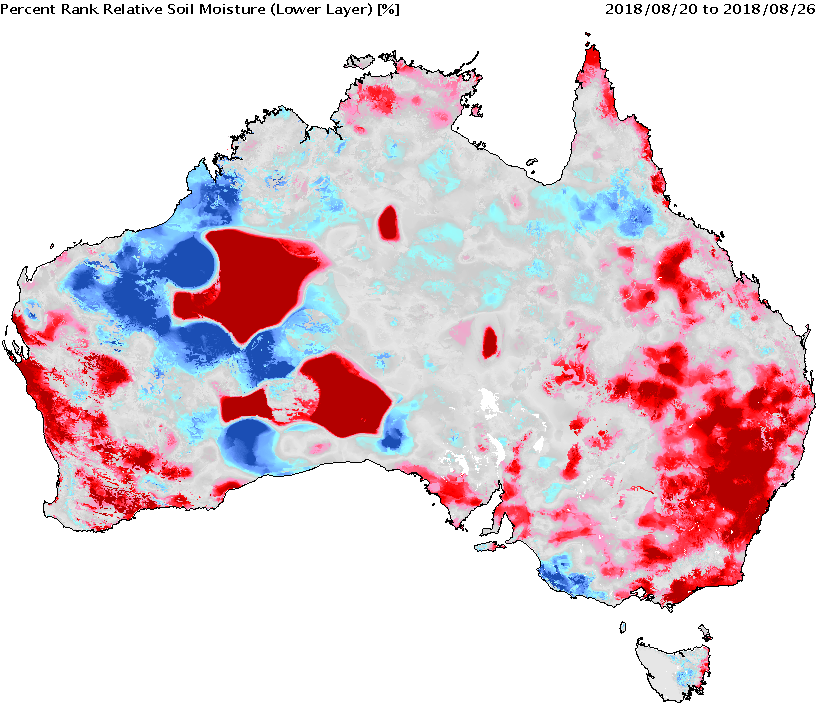 Lower layer relative soil moisture (percentile rank) for the most recently available week